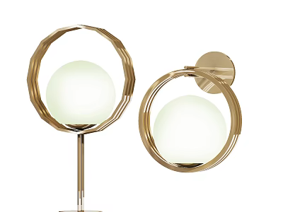 Modern Lighting Combination with Gold Circular Frames White Globe Shades Table Lamp and Wall Light 3d model
