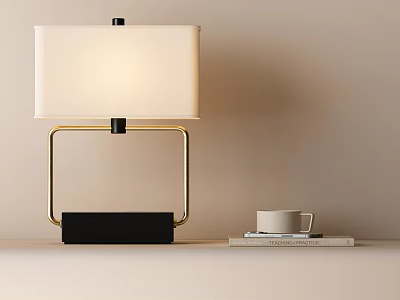 Modern Table Lamp With Golden Frame Black Base White Lampshade On Table With White Cup 3d model