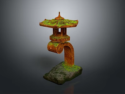 Traditional Japanese Stone Lantern With Moss Covered Top Ornate Carvings And Stone Base 3d model