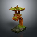 Traditional Japanese Stone Lantern With Moss Covered Top Ornate Carvings And Stone Base