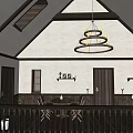Hotel Lobby Interior With Wooden Floor Chandelier Bar Counter And Balcony