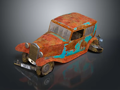 Vintage Rusty Old Car With Orange And Blue Weathered Paint 3d model