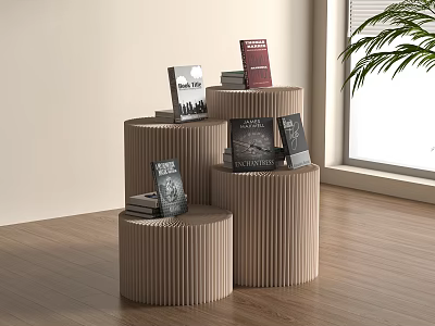 Modern Interior Design With Cylindrical Display Stands And Stacked Books 3d model
