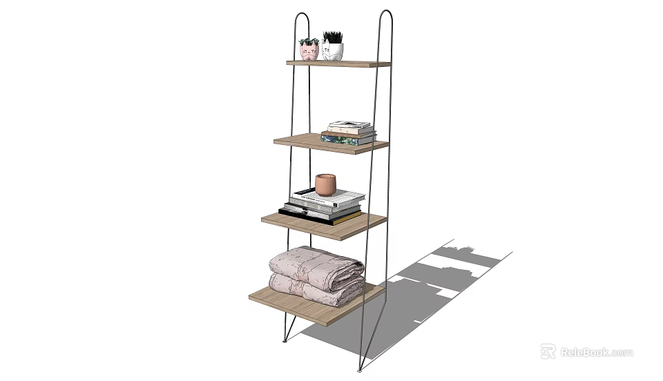 Modern Bookcase With Metal Frame Wooden Shelves And Books Potted Plant Folded Blanket 3d model 