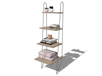 Modern Bookcase With Metal Frame Wooden Shelves And Books Potted Plant Folded Blanket 3d model
