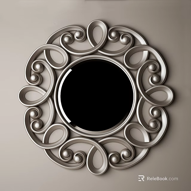 Ornate Round Mirror with Silver Metal Scrollwork Frame and Decorative Balls 3d model
