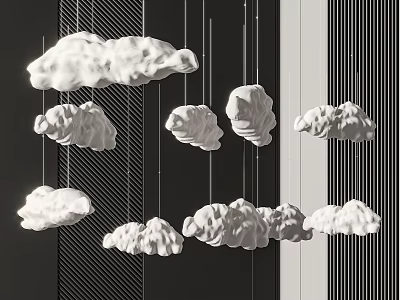 White Cloud Shaped Chandelier Hanging In Black And Gray Striped Background 3d model