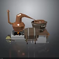 Vintage Copper Distillation Setup With Barrel Coil Fire And Wooden Logs