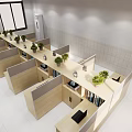 Modern Public Office Space With Partition Desks Laptops Potted Plants And Bookshelves