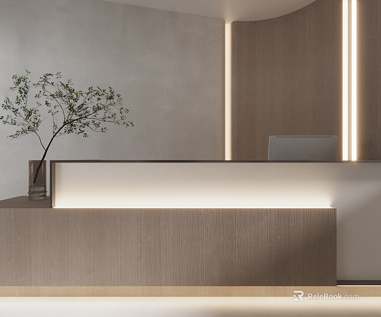 Modern Wooden Reception Desk With Light Strips And Green Plant Decoration 3d model 