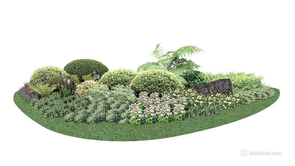 Lush Garden Landscaping Featuring Various Shrubs Ferns Colorful Flowers Green Lawn And Decorative Stone 3d model 