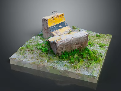 Miniature Scene Model With Yellow Black Ramp Gray Stone Block And Green Grass On Base 3d model