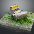 Miniature Scene Model With Yellow Black Ramp Gray Stone Block And Green Grass On Base