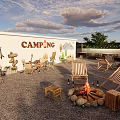Camping Themed Roof Bar With Outdoor Seating Fire Pit And Evening Sky
