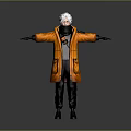 3D Character Model With White Hair Orange Coat And Outstretched Arms On Gray Background