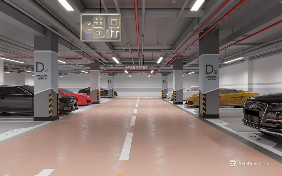 Indoor Parking Garage Exit Sign D Section Parked Cars White Floor Markings And Ceiling Lighting 3d model 