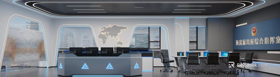 Hi Tech Monitoring Room With World Map And Equipment 3d model 