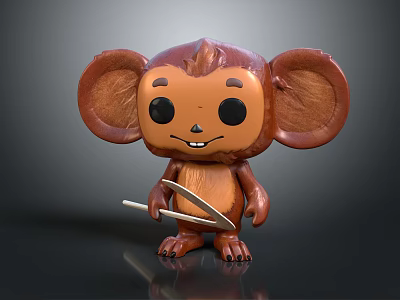 3D Monkey Character Figurine With Big Ears Holding Slingshot Brown Design 3d model