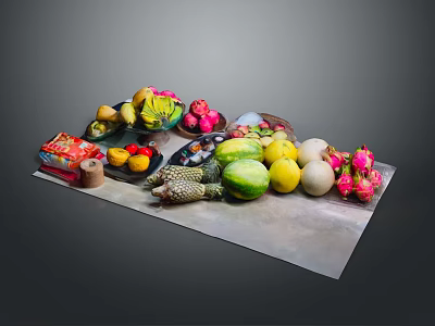 Assorted Fresh Colorful Fruits Display Featuring Pineapple Dragon Fruit Melon And Berries On Table 3d model