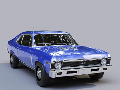 Blue Classic Muscle Car With Sleek Body Chrome Grille And Vintage Wheels 3d model