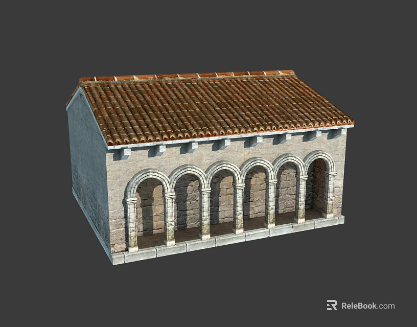 Classical European Architecture With Arched Doorways Red Tiled Roof And Stone Facade 3d model 