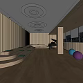 Modern Art Space Interior With Wooden Walls Circular Ceiling Lights Piano And Exercise Balls