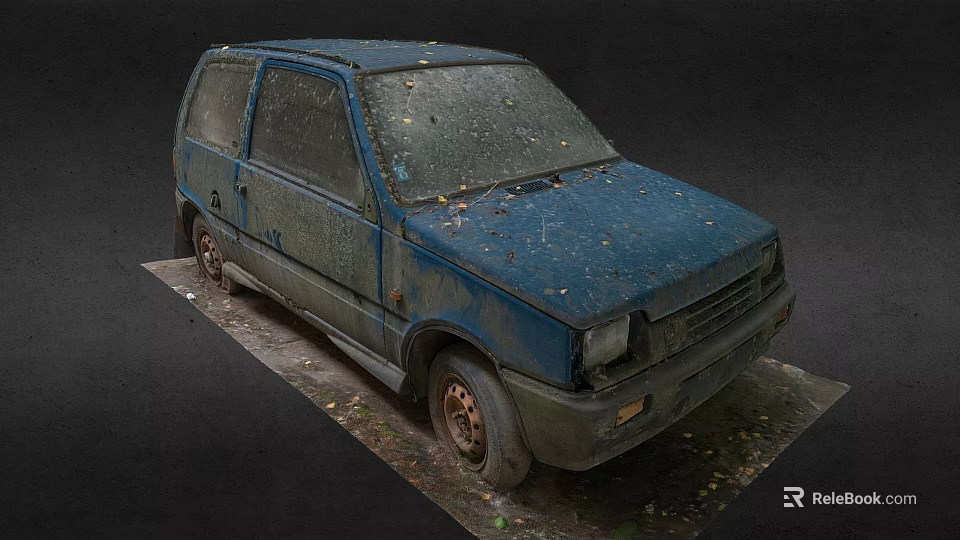 Old Blue Car With Rust And Fallen Leaves Parked On Weathered Ground 3d model 