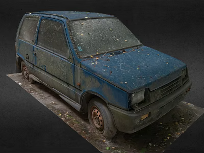 Old Blue Car With Rust And Fallen Leaves Parked On Weathered Ground 3d model