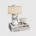 Decorative Ornament Set With Marble Table Lamp Gray Lampshade White Candle Holder And Book Stack