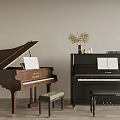 Classic Brown Black Grand Upright Pianos with Sheet Music Benches Vase Dried Flowers Trophy