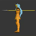 Golden Armored Character With Blue Hair Posing With Spear And Outstretched Arms