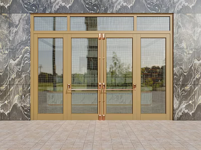 Elegant Golden Glass Double Doors Against Marble Wall And Tile Floor 3d model