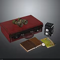 Vintage Travel Daily Essentials With Red Leather Suitcase Binoculars Vintage Camera Notebook And Map