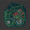 Enchanted Cartoon Scene With Red Roof Castle Green Trees Small Hut And Paths