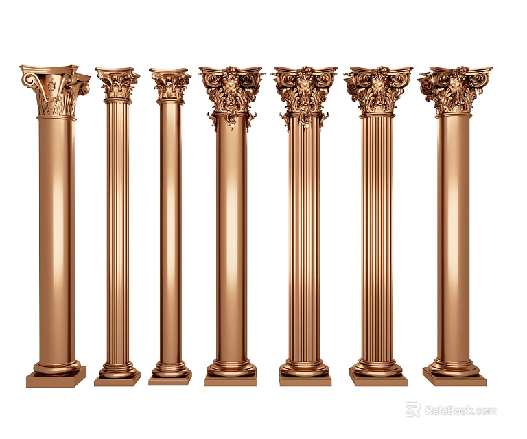 Multiple Ornate Golden Roman Columns With Classical Design And Intricate Capitals 3d model 