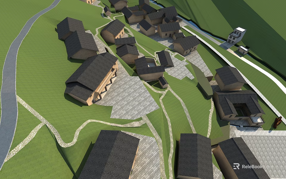 Aerial Village Landscape With Black Roofed Houses Green Grass Winding Paths Stream and Distant Tower 3d model 