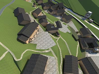 Aerial Village Landscape With Black Roofed Houses Green Grass Winding Paths Stream and Distant Tower 3d model
