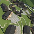 Aerial Village Landscape With Black Roofed Houses Green Grass Winding Paths Stream and Distant Tower