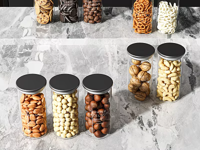 Clear Glass Spice Jars With Black Lids Containing Almonds Cashews Hazelnuts On Marble Countertop 3d model