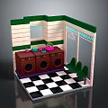 Vintage Laundry Shop Interior Design With Washing Machines Green Chairs Potted Plants And Checkerboard Floor