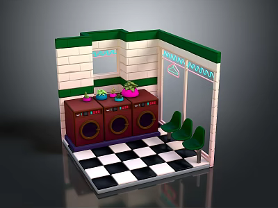 Cartoon style laundry room washing machine seat tile wall checkerboard floor tile neon sign glass window green chair round door control panel 3d model