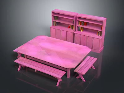 Pink Dining Table Set With Benches And Bookshelves In Modern Design 3d model