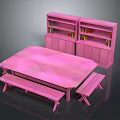 Pink Dining Table Set With Benches And Bookshelves In Modern Design