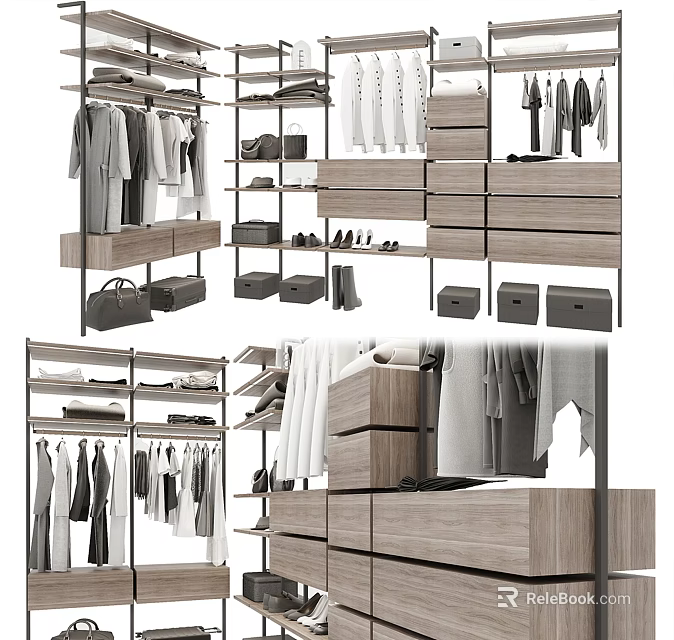 Modern Wooden Wardrobe with Hanging Clothes Area Drawers Shelves Shoes and Storage Boxes 3d model 