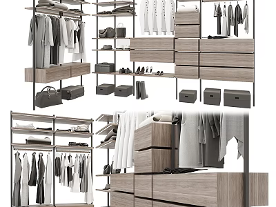Modern Wooden Wardrobe with Hanging Clothes Area Drawers Shelves Shoes and Storage Boxes 3d model