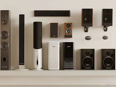 Assorted Headphone Speaker Types Including Floor Standing Bookshelf Compact Black Silver on White Shelf 3d model