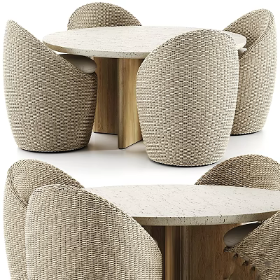 Modern Round Table and Woven Rattan Chair Set with Wooden Legs and Comfortable Seats 3d model