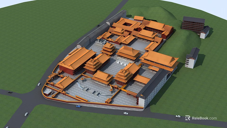Ancient Chinese Architecture Complex With Orange Roofs And Symmetrical Courtyard Design 3d model 