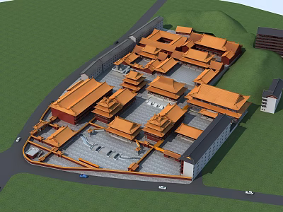 Ancient Chinese Architecture Complex With Orange Roofs And Symmetrical Courtyard Design 3d model