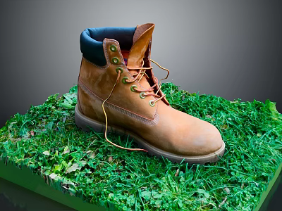Brown Leather Work Boot With Dark Collar And Lace Up Design On Green Grass Platform 3d model